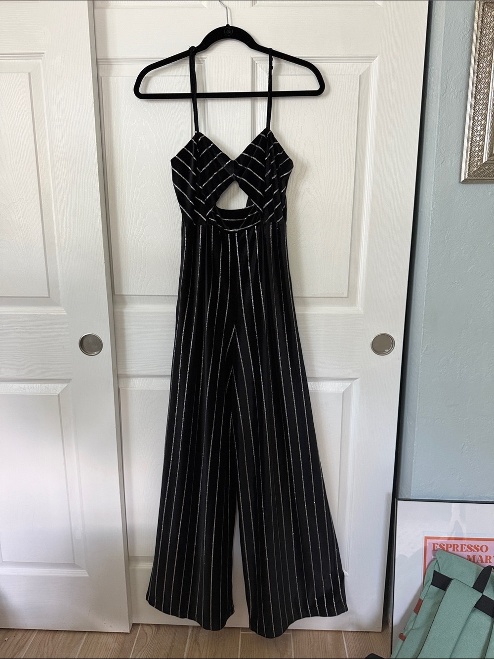 AGACI Black Velvet Stripe Wide Leg Jumpsuit Size Small